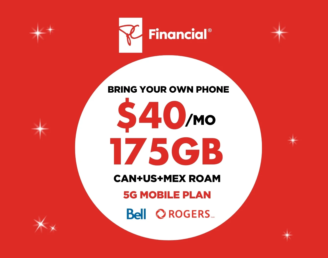 White President's Choice Financial logo above a white circle on a red  background containing "175 GB FOR $40/MO with select carriers".